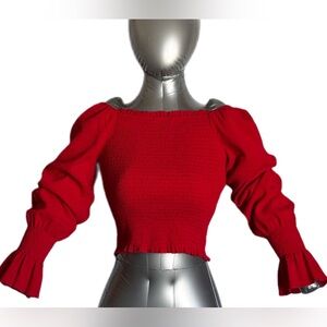 Romantic Red Smocked Crop Top Dramatic Bell Sleeve Coquette Party Romance Small